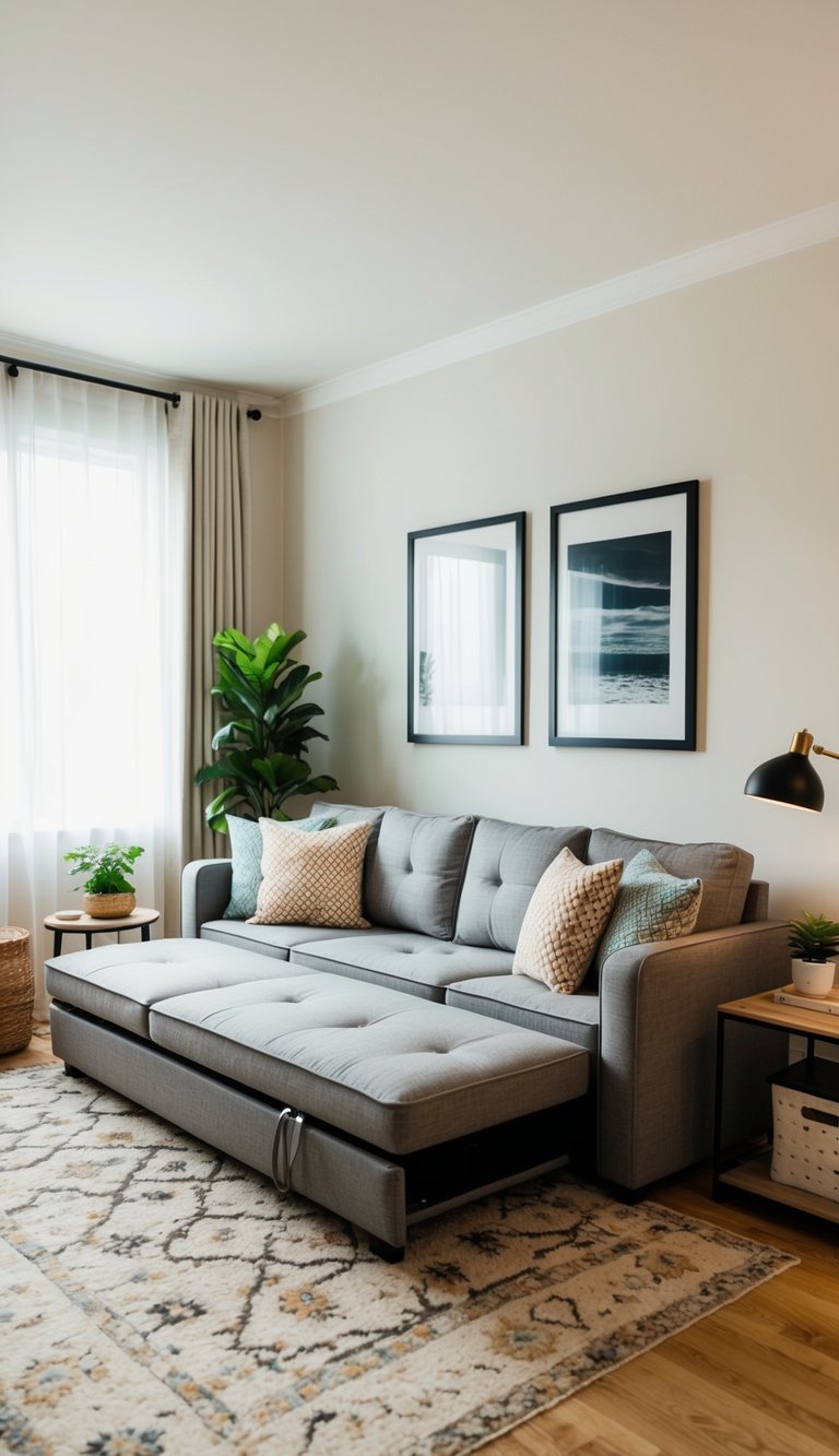 A cozy apartment living room with a sleeper sofa serving as a multifunctional piece of furniture, surrounded by stylish decor and clever storage solutions