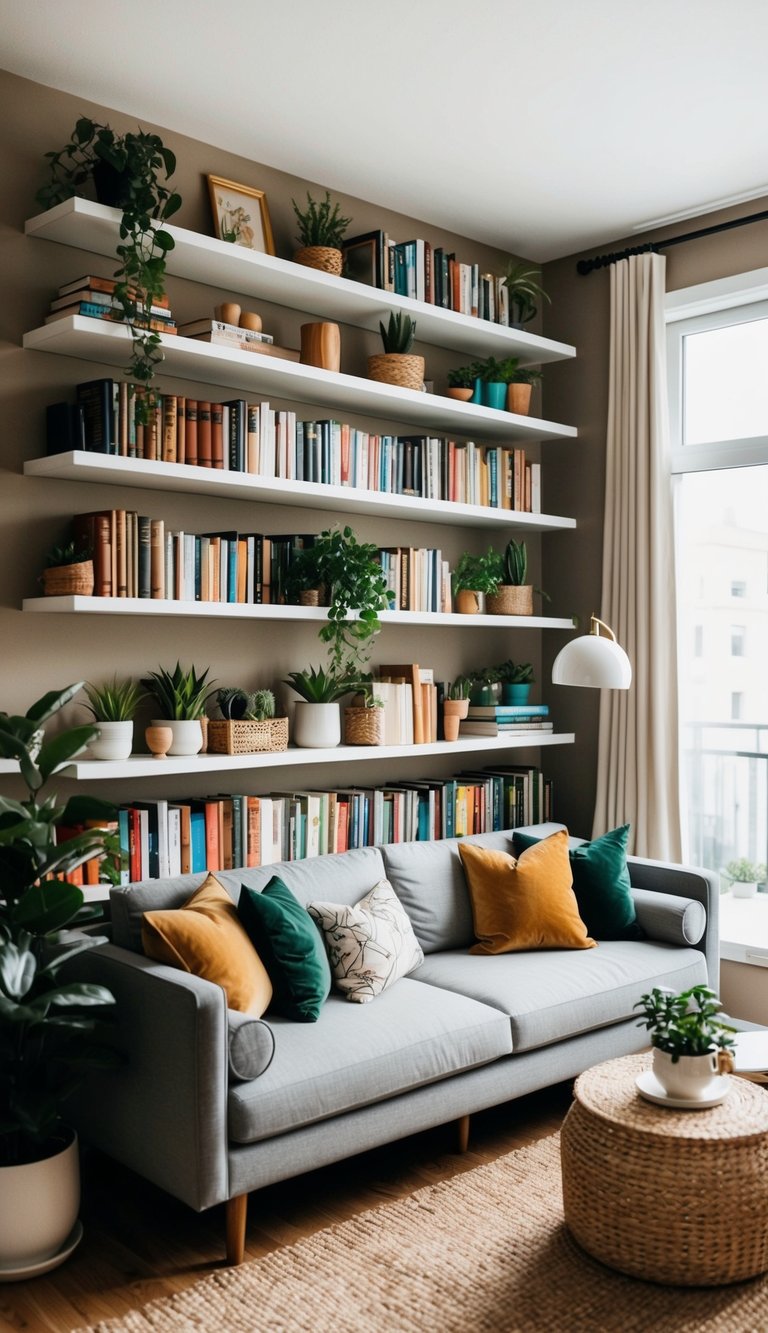A cozy apartment living room with floating shelves filled with books, plants, and decorative items, creating extra storage and adding visual interest to the space
