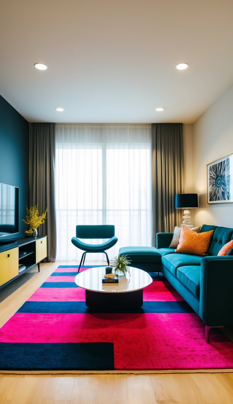 A modern living room with a bold area rug defining the space, featuring sleek furniture and vibrant decor