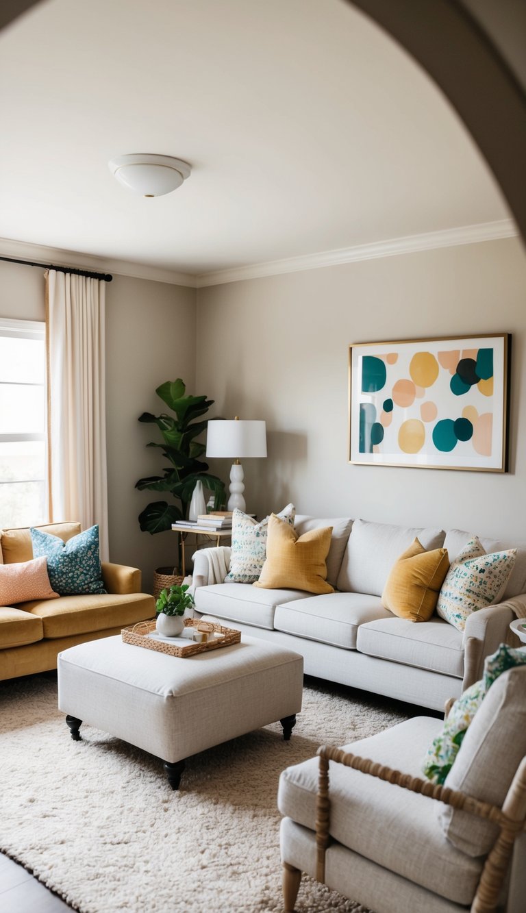 A cozy living room with neutral tones, accented by pops of color in the form of throw pillows, artwork, and decorative objects