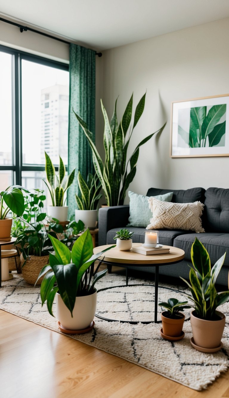 A cozy apartment living room with a variety of indoor plants like snake plants and pothos, adding a touch of greenery and natural beauty to the space