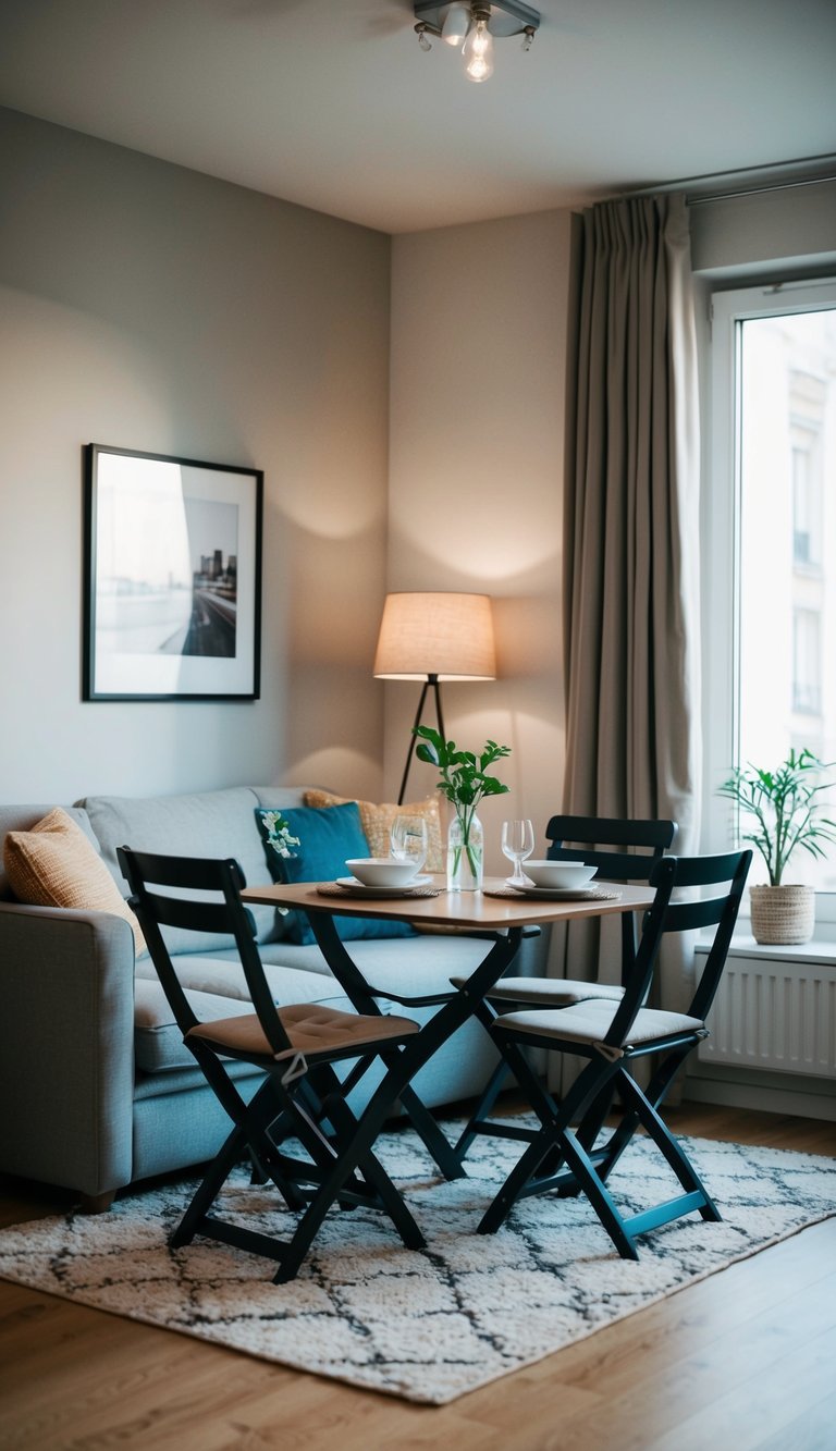 A small living room with a foldable dining table and chairs, maximizing space in a cozy apartment setting
