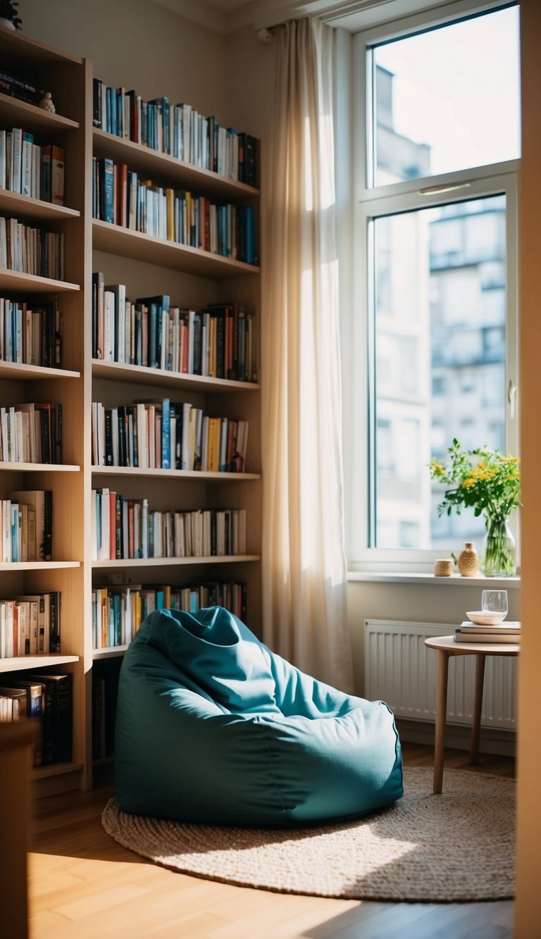 A cozy reading nook with a bean bag sits in the corner of a sunlit apartment living room, surrounded by bookshelves and soft lighting