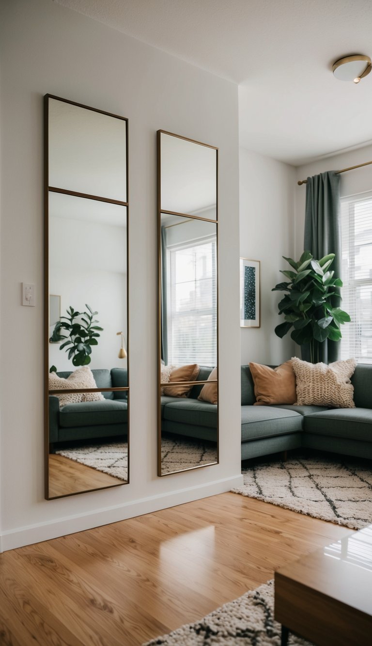 Mirrors placed strategically on walls to visually expand a cozy apartment living room