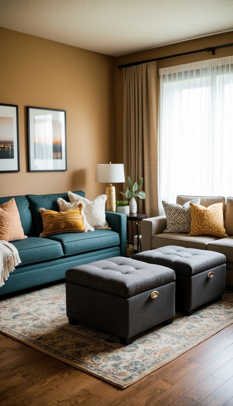 A cozy apartment living room with storage ottomans used as seating, with various decorative elements and a warm color scheme