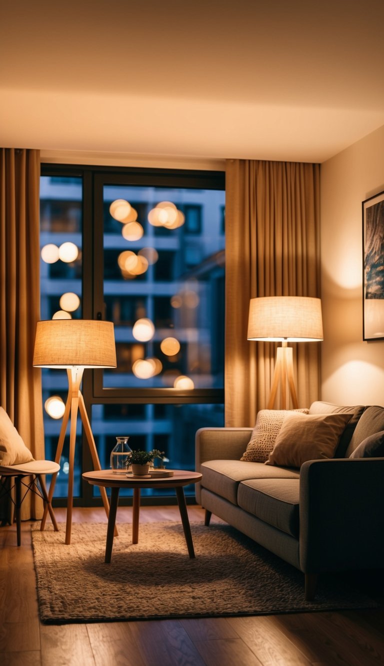Warm light from floor and table lamps creates a cozy atmosphere in a stylish apartment living room