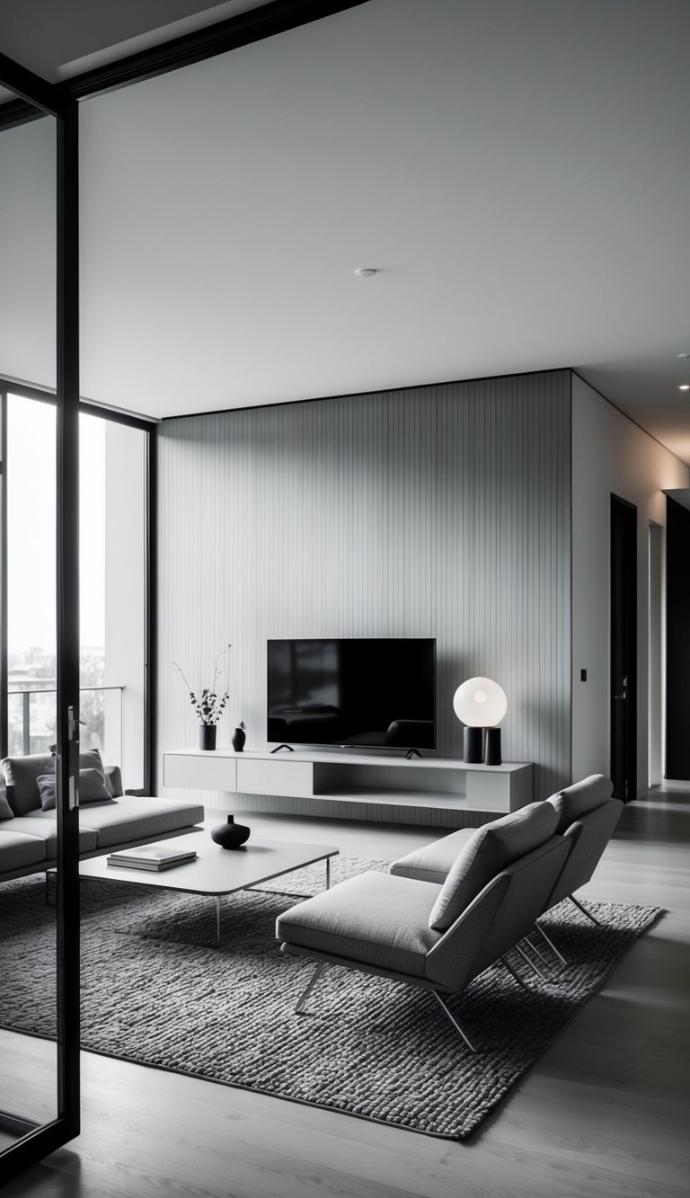 A modern living room with sleek, low-profile furniture and minimalist decor