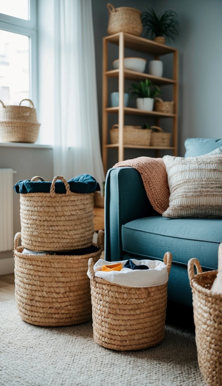 Baskets neatly organize clutter in a cozy apartment living room