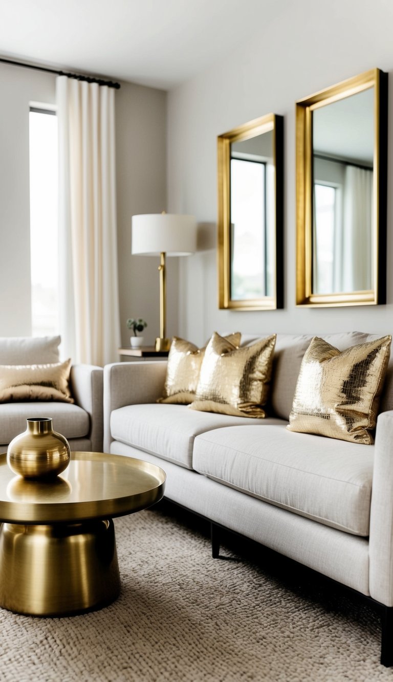 A modern living room with metallic accents, featuring a brass coffee table, gold-framed mirrors, and metallic throw pillows on a neutral-colored sofa