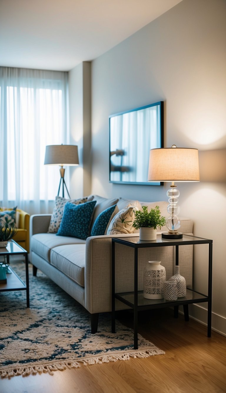 A slim console table sits behind the sofa in a cozy apartment living room, adorned with decorative items and a small lamp