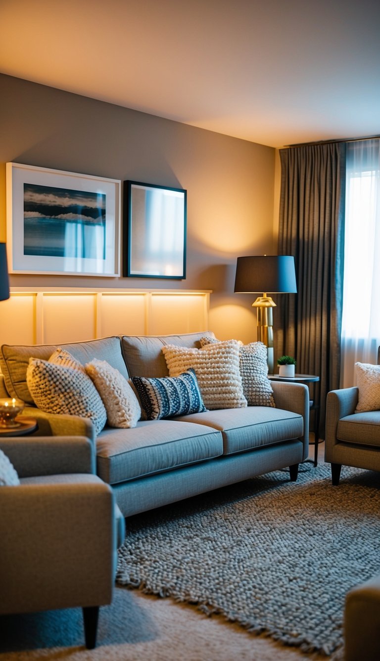 A cozy apartment living room with textured throw pillows and blankets scattered on a comfortable sofa and armchairs. Warm lighting and decorative accents complete the inviting space