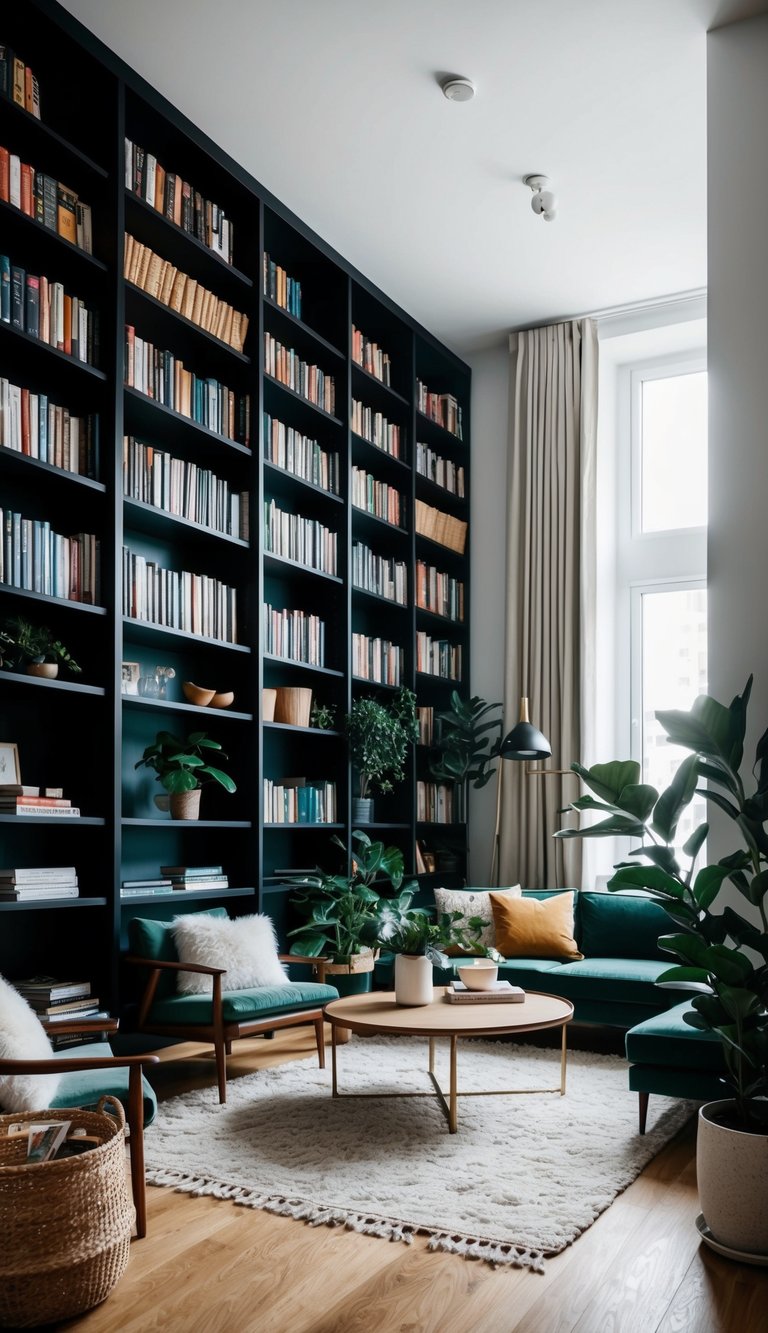 Tall bookcases fill the living room, maximizing vertical space. Cozy seating, plants, and decor complete the apartment's inviting atmosphere
