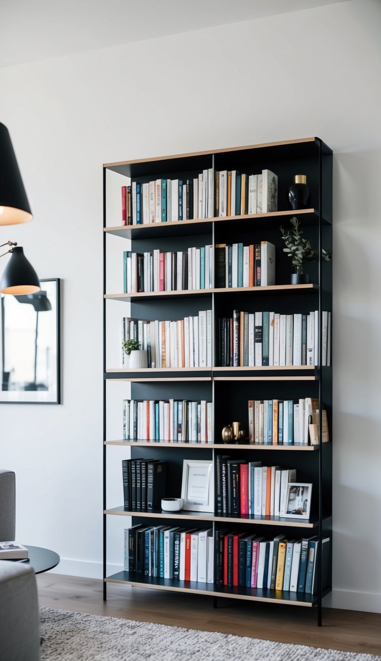 A sleek, color-coordinated bookshelf stands against a white wall, adorned with neatly arranged books and decorative items, adding a stylish touch to the modern living room