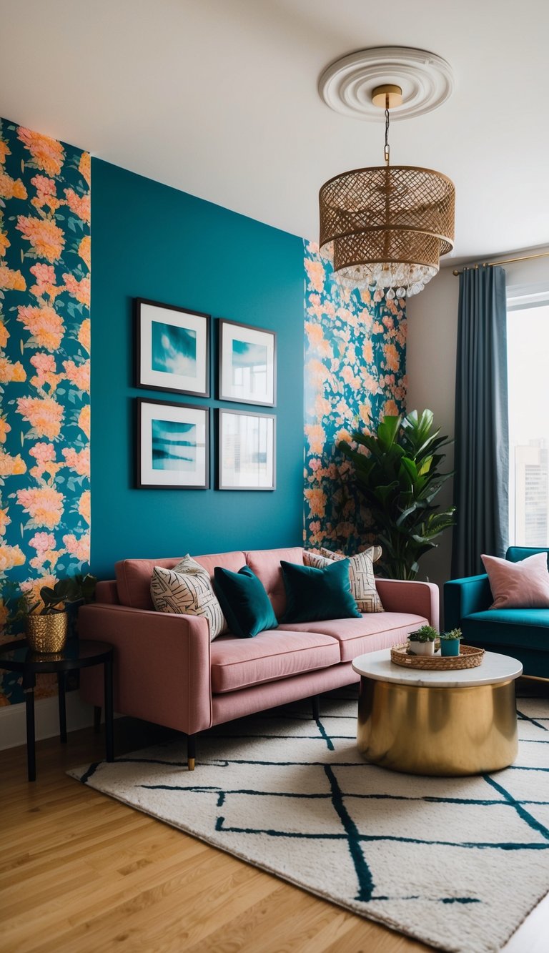 A cozy apartment living room with a vibrant accent wall featuring removable wallpaper, complemented by stylish furniture and decorative elements