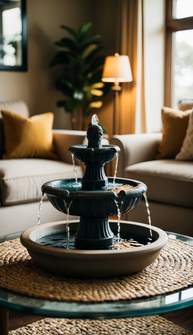 A cozy living room with a small indoor fountain as a focal point, surrounded by comfortable seating and warm lighting