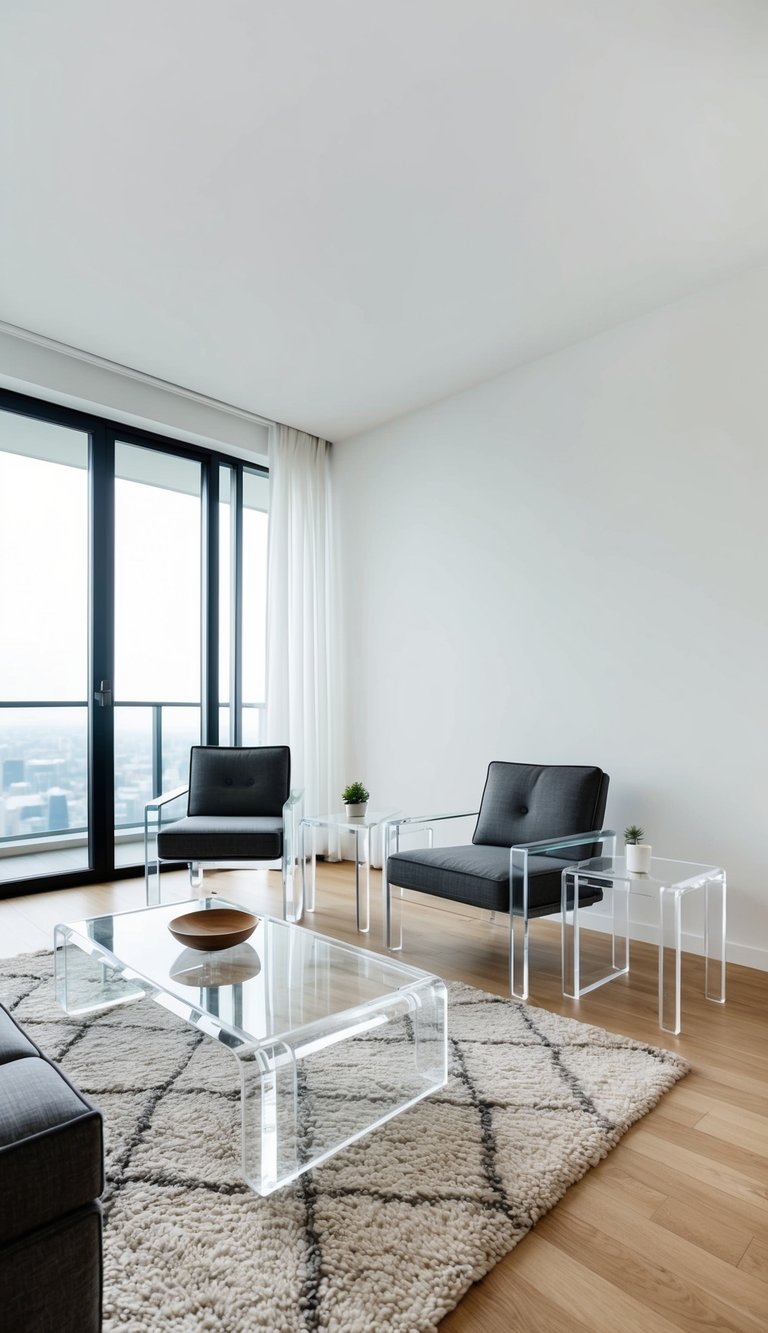 A modern apartment living room with clear acrylic furniture pieces, including a coffee table, side tables, and chairs. The room is bright and airy, with a minimalist design aesthetic