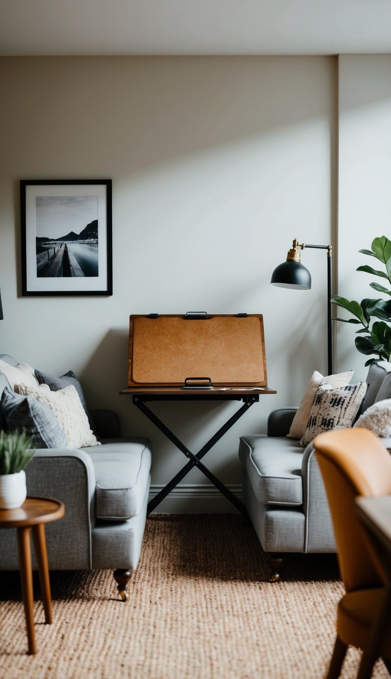 A cozy living room with a fold-down desk against a wall, surrounded by stylish decor and comfortable seating