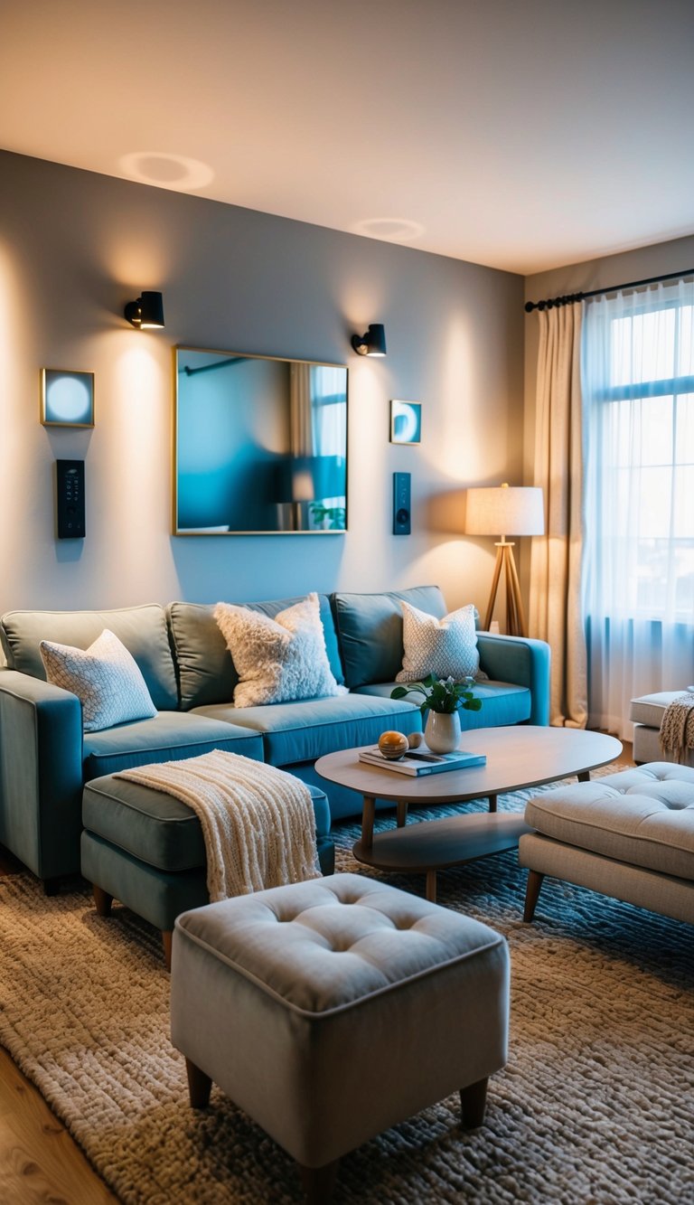 A cozy living room with a variety of seating options, soft textiles, and strategically placed dimmer switches for adjustable mood lighting