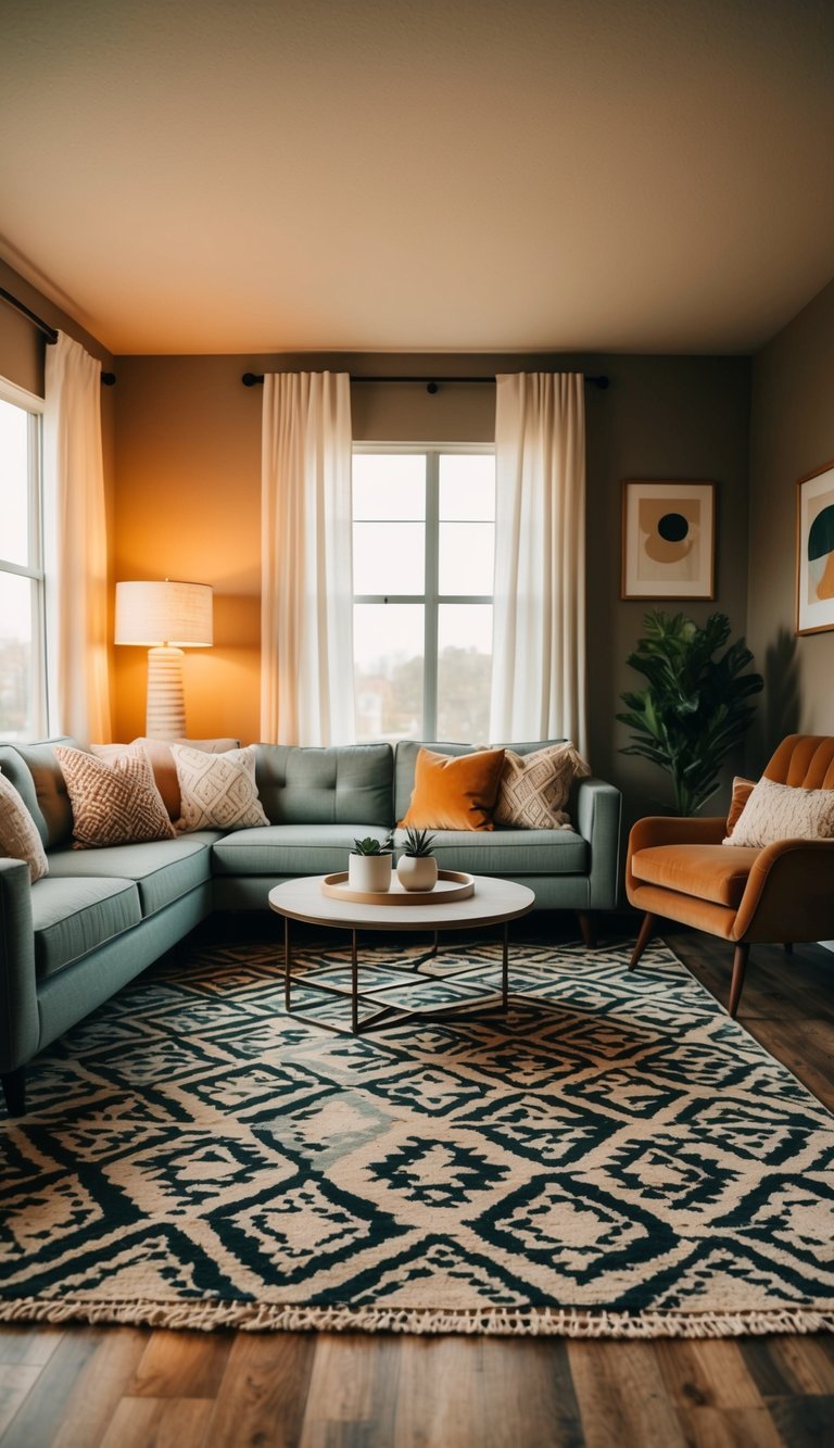 A cozy living room with geometric-print area rugs, warm lighting, and comfortable seating