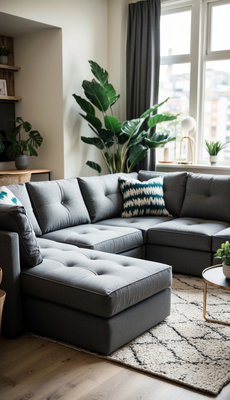 A modular sectional sofa sits in a cozy apartment living room, surrounded by stylish decor and natural light