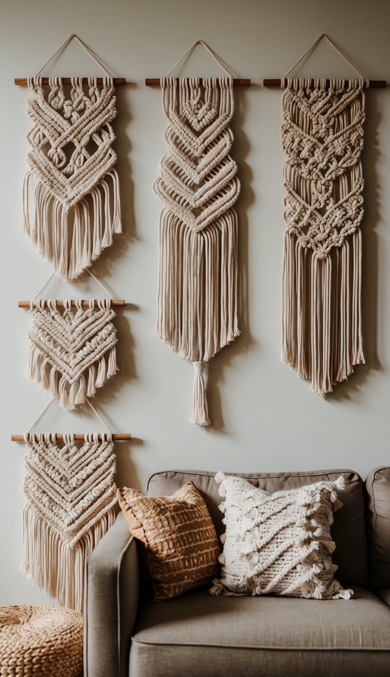 Several macrame wall hangings adorn a cozy apartment living room