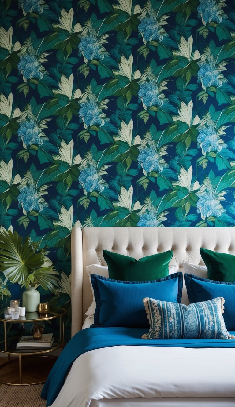 A bedroom with blue and green botanical wallpaper, featuring 28 blue and green bedroom ideas