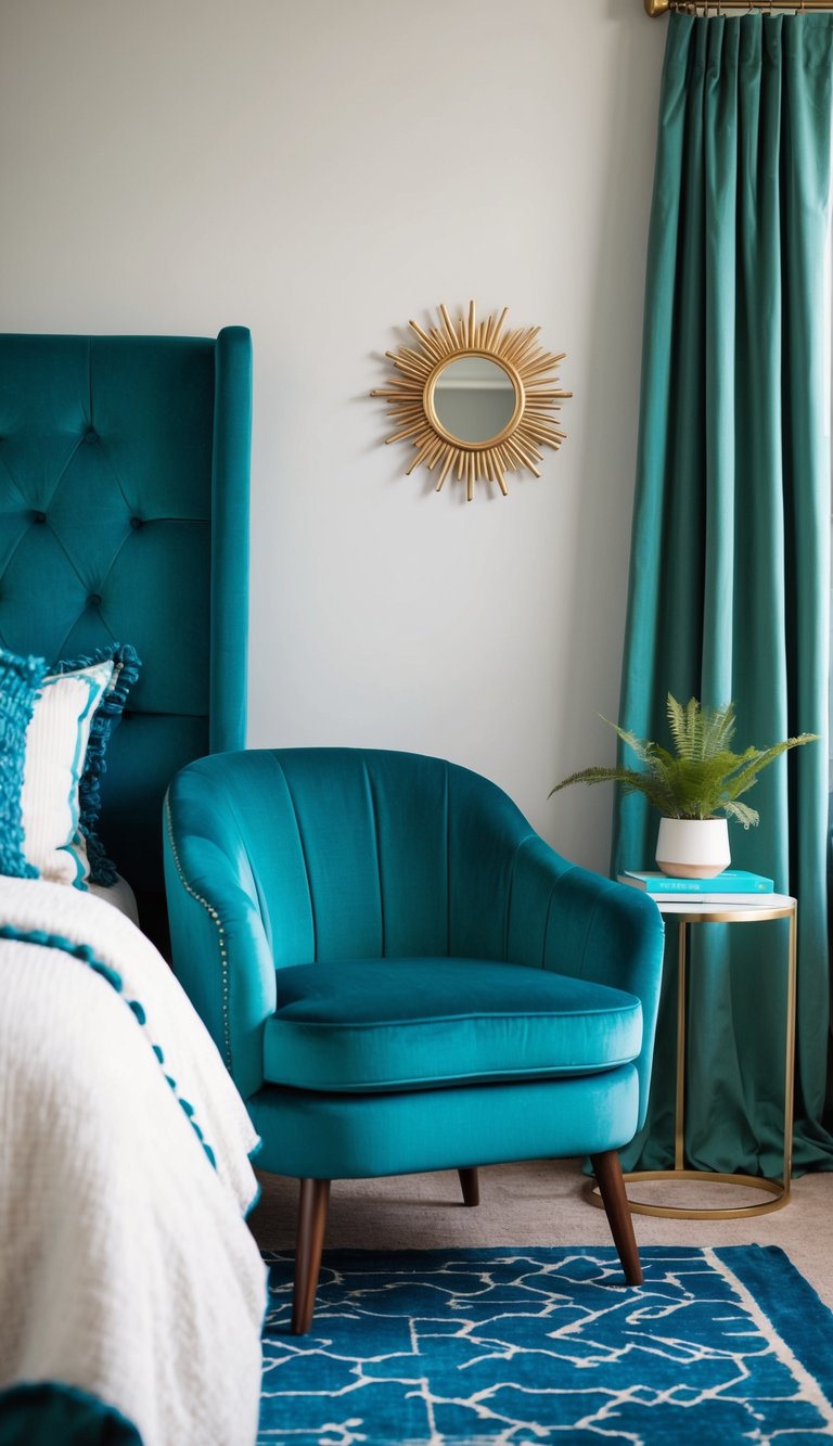 A teal velvet accent chair sits in a bedroom with blue and green decor, creating a cozy and stylish atmosphere