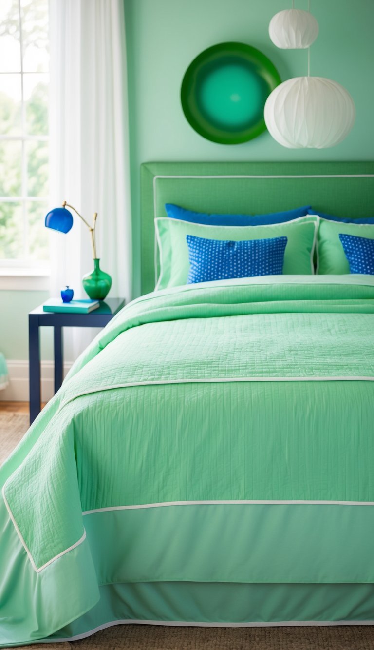 A mint green bedspread with white trim in a bedroom with blue and green decor