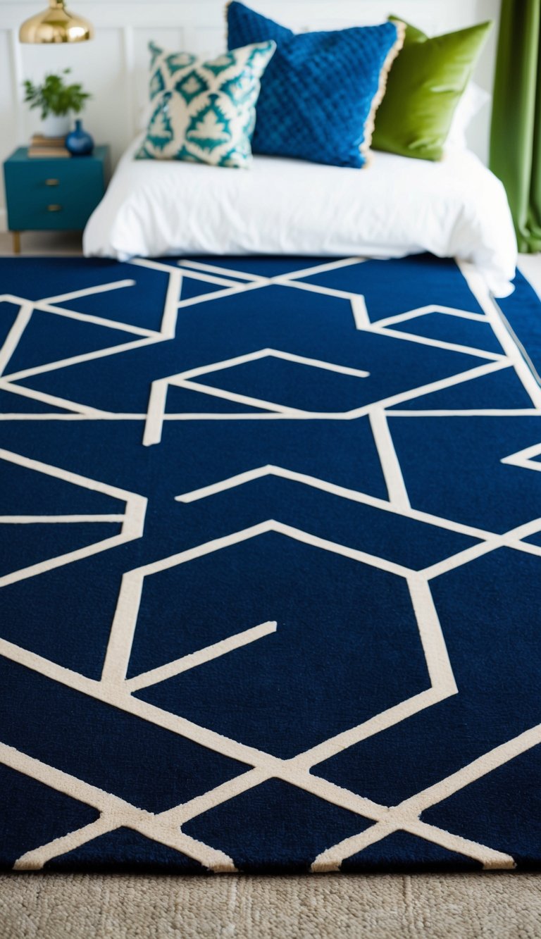 A navy blue area rug with geometric patterns lies in the center of a bedroom with blue and green decor