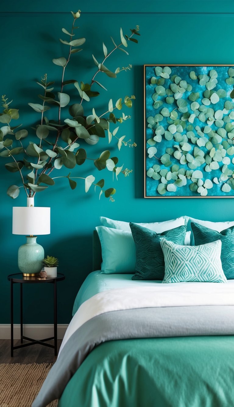 A vibrant eucalyptus wall art decorates a serene blue and green bedroom