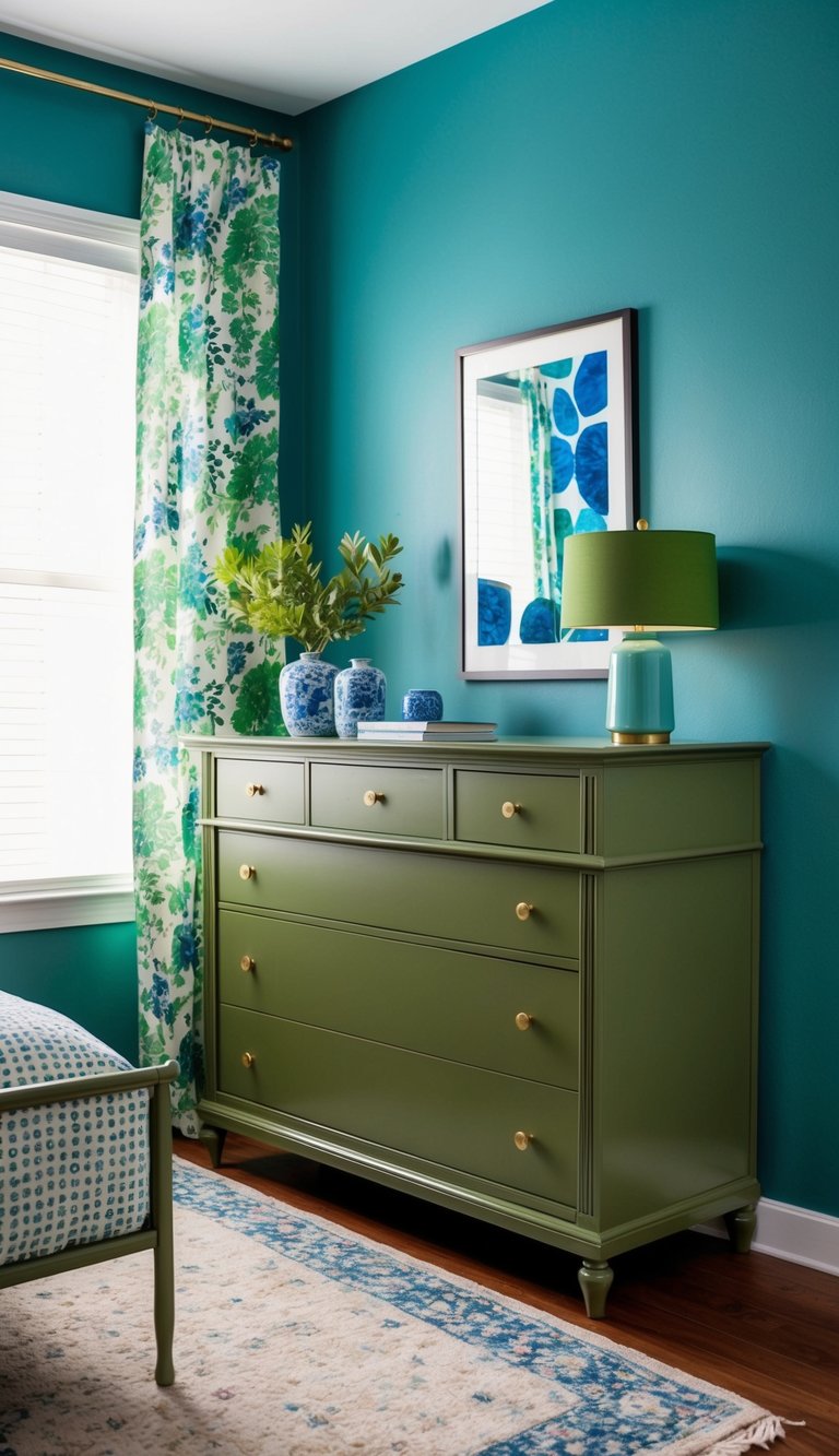 An olive green dresser stands in a bedroom adorned with blue and green decor