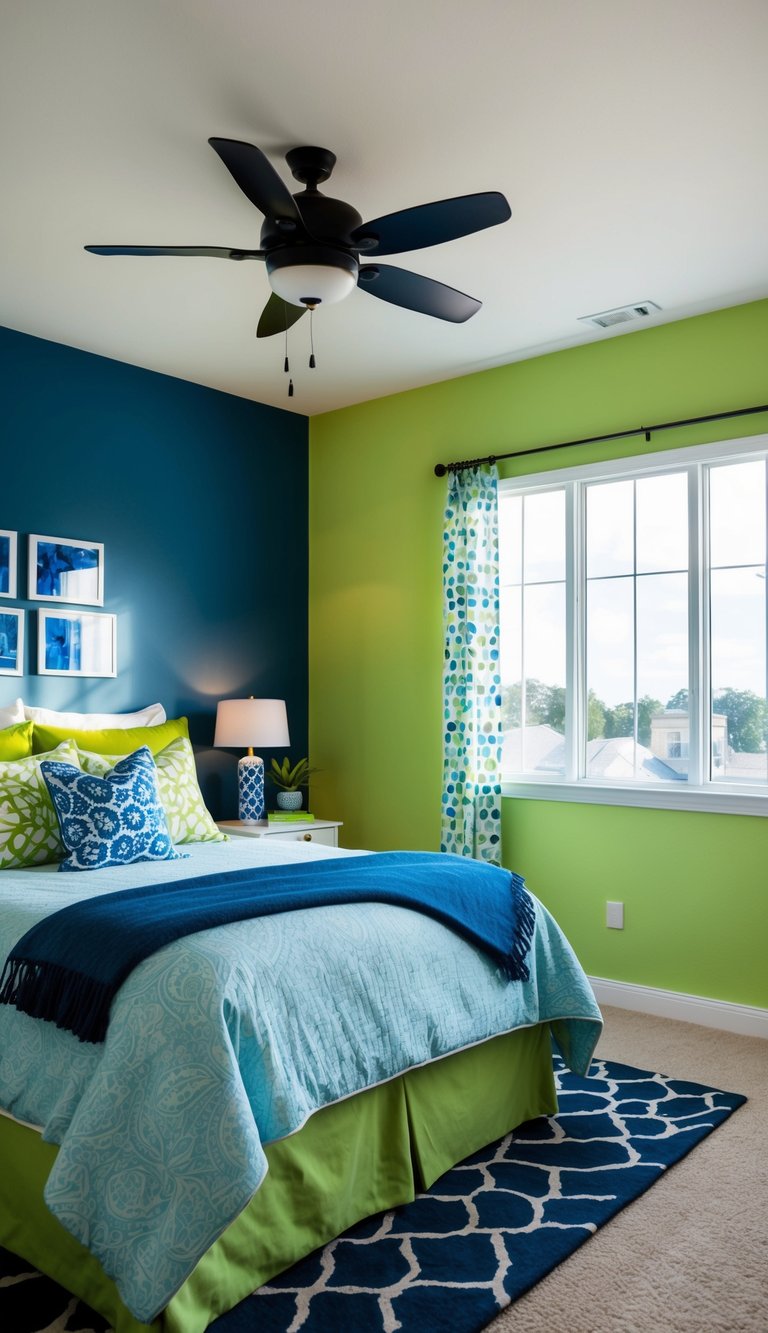 A bedroom with a sky blue and lime green accent wall, featuring a combination of blue and green decor and furnishings
