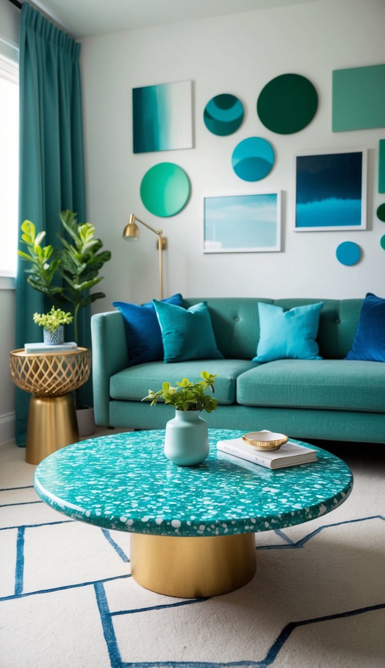 A blue-green terrazzo coffee table sits in a serene bedroom with various shades of blue and green decor