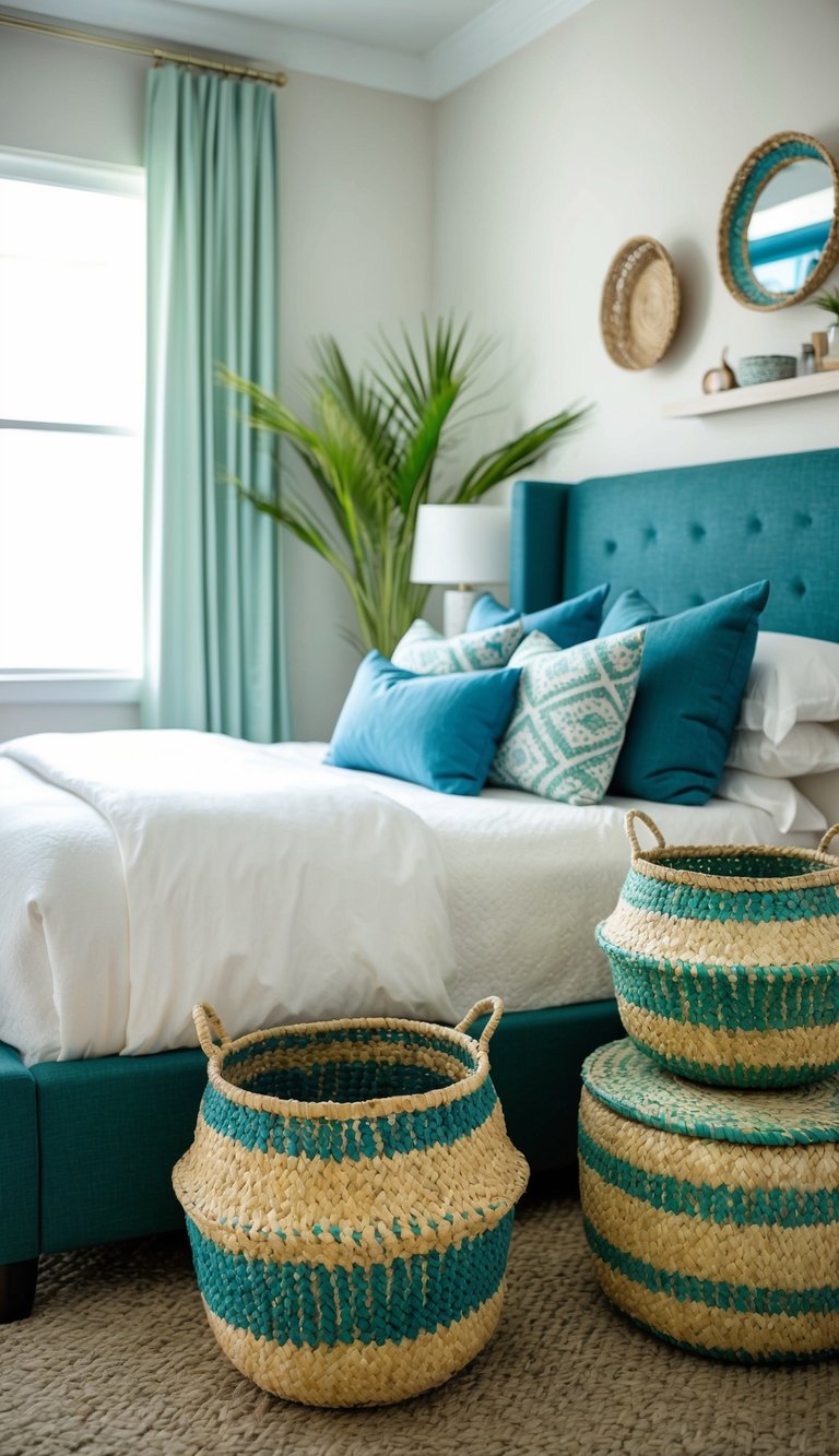 A bedroom with seagrass woven baskets in shades of blue and green
