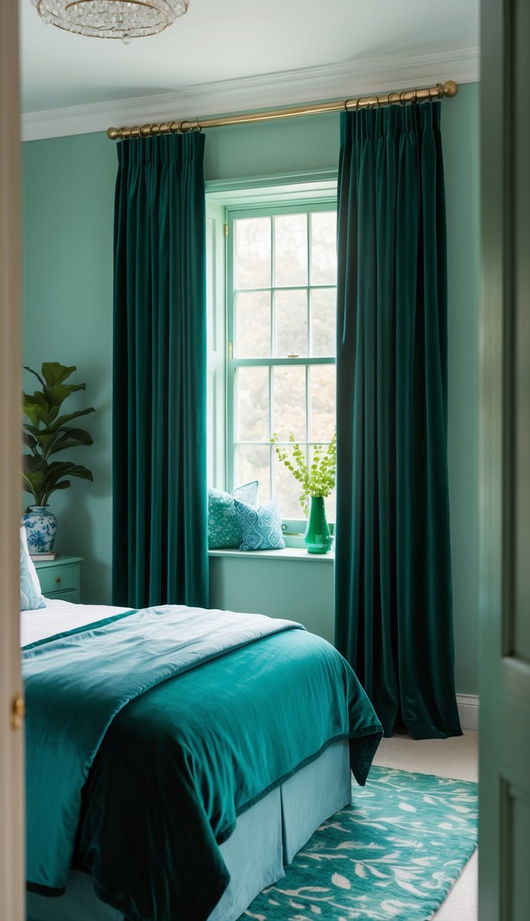 Forest green velvet curtains frame a serene bedroom with blue and green decor