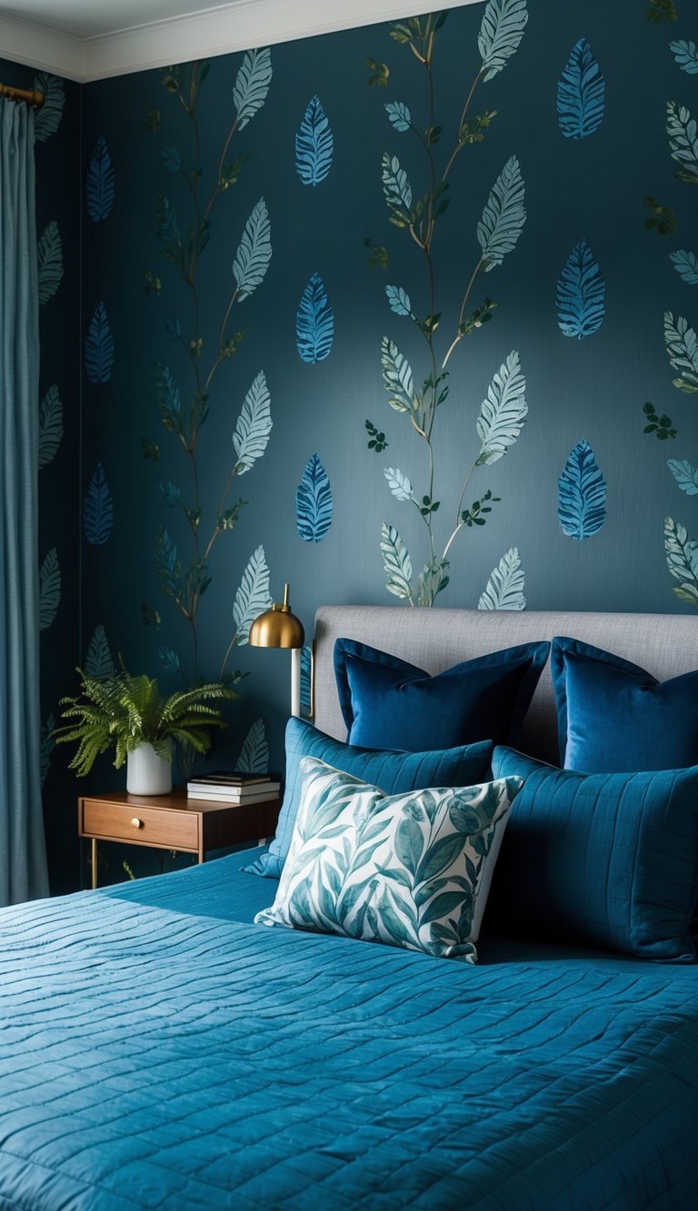 A bedroom with slate blue wallpaper adorned with leafy patterns in shades of blue and green