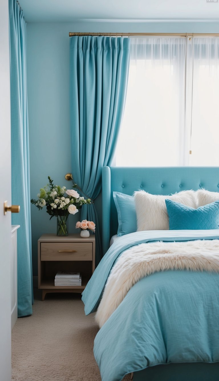 A cozy light blue bedroom with a fluffy duvet, matching curtains, and a vase of fresh flowers on the nightstand