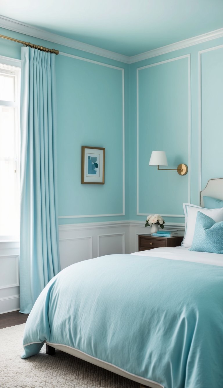 Soft pastel blue walls with white trim, accented by light blue bedding and curtains