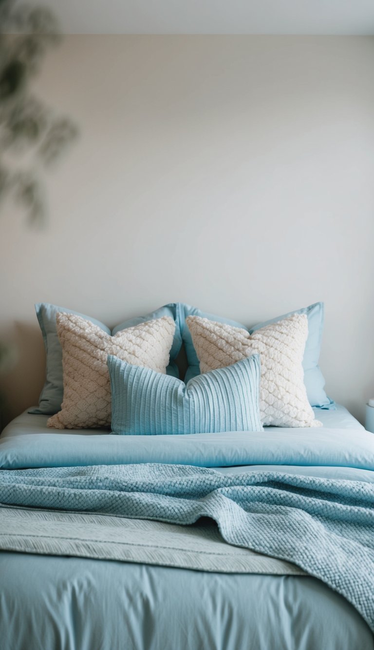 Light blue bedding with textured throws on a cozy bed in a serene bedroom