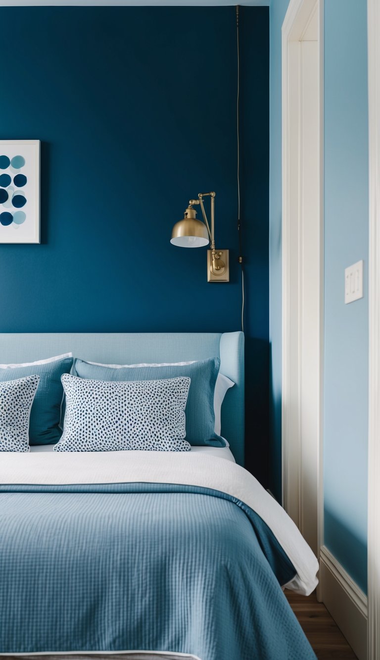 A navy blue accent wall behind a bed in a light blue bedroom