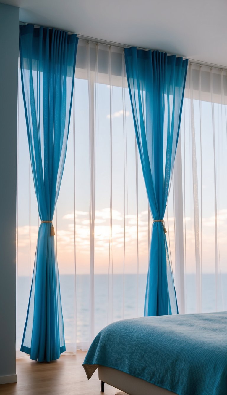 Sky blue curtains billow in the breeze, sheer panels filter soft light into a serene bedroom