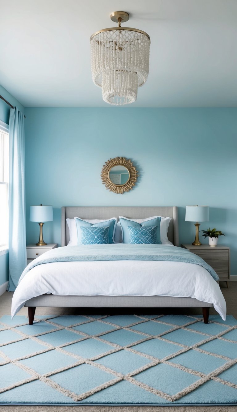 A light blue and grey geometric rug in a serene bedroom with 27 light blue decor ideas