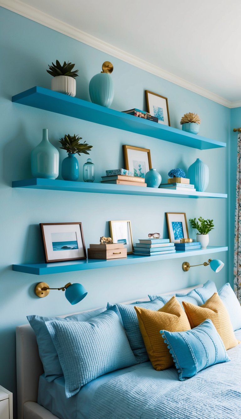 Powder blue floating shelves displaying various light blue bedroom decor