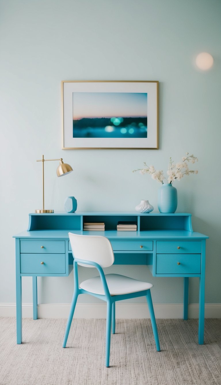 A light blue desk with minimalist decor in a serene bedroom setting