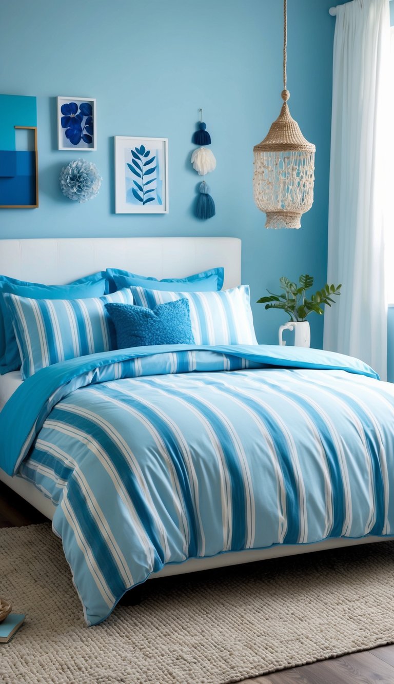 A cozy light blue bedroom with a blue and white striped duvet cover, featuring 27 different light blue decor ideas