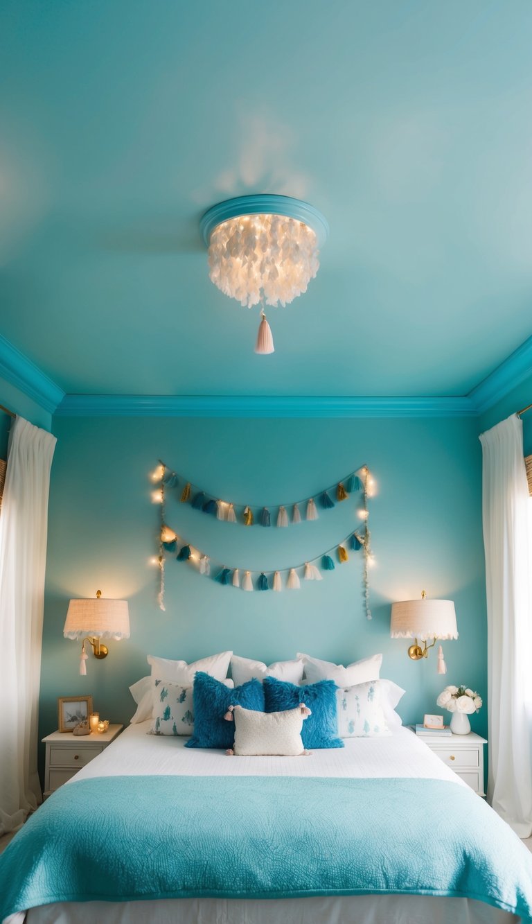 A bedroom with pale blue ceiling paint, adorned with whimsical decor and soft lighting, creating a serene and dreamy atmosphere