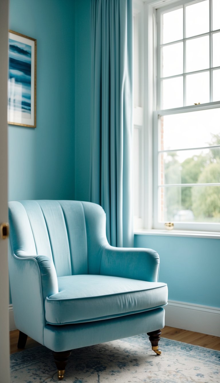 A light blue velvet armchair sits near a window in a serene light blue bedroom