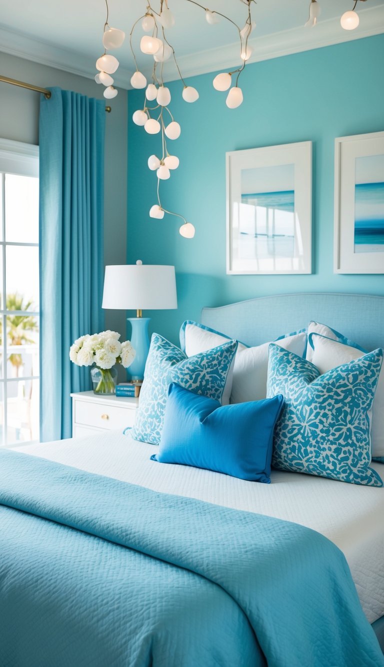 A serene bedroom with ocean blue decorative pillows on a light blue bed, surrounded by 27 light blue bedroom ideas