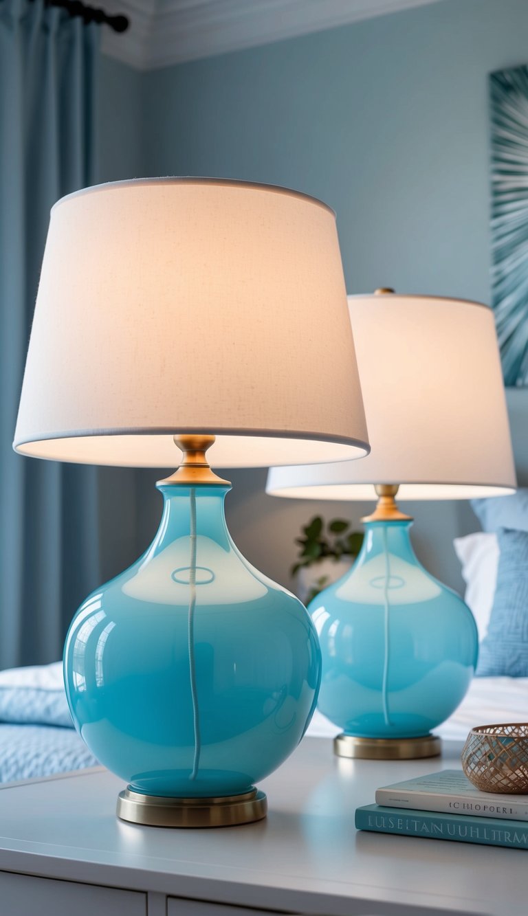 Two light blue glass table lamps illuminate a serene bedroom with 27 light blue decor ideas