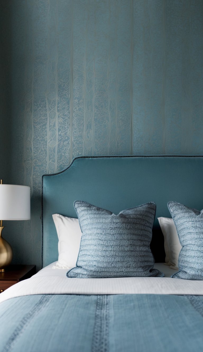 A bedroom with muted blue wallpaper featuring subtle patterns